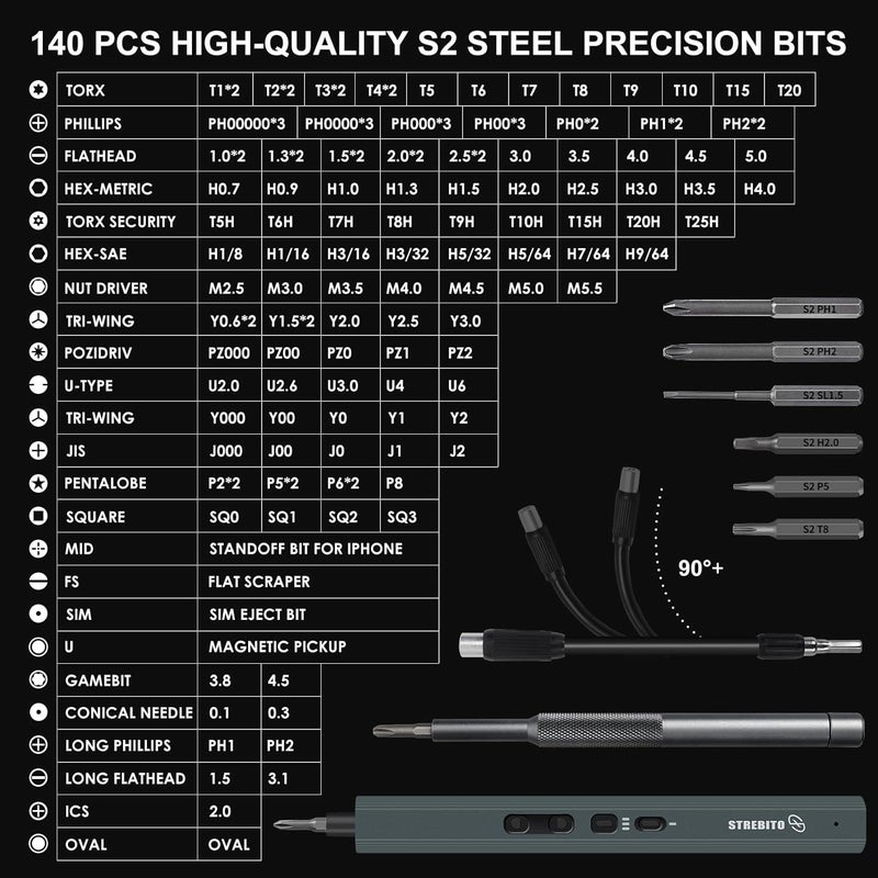 STREBITO Mini Electric Screwdriver, 155 in 1 Electric Precision Screwdriver Set with 140 S2 Magnetic Bits, Max 5 N.m, 650mAh Battery, Small Power Screwdriver Electronic Repair Tool Kit for Computer RC - Image 5
